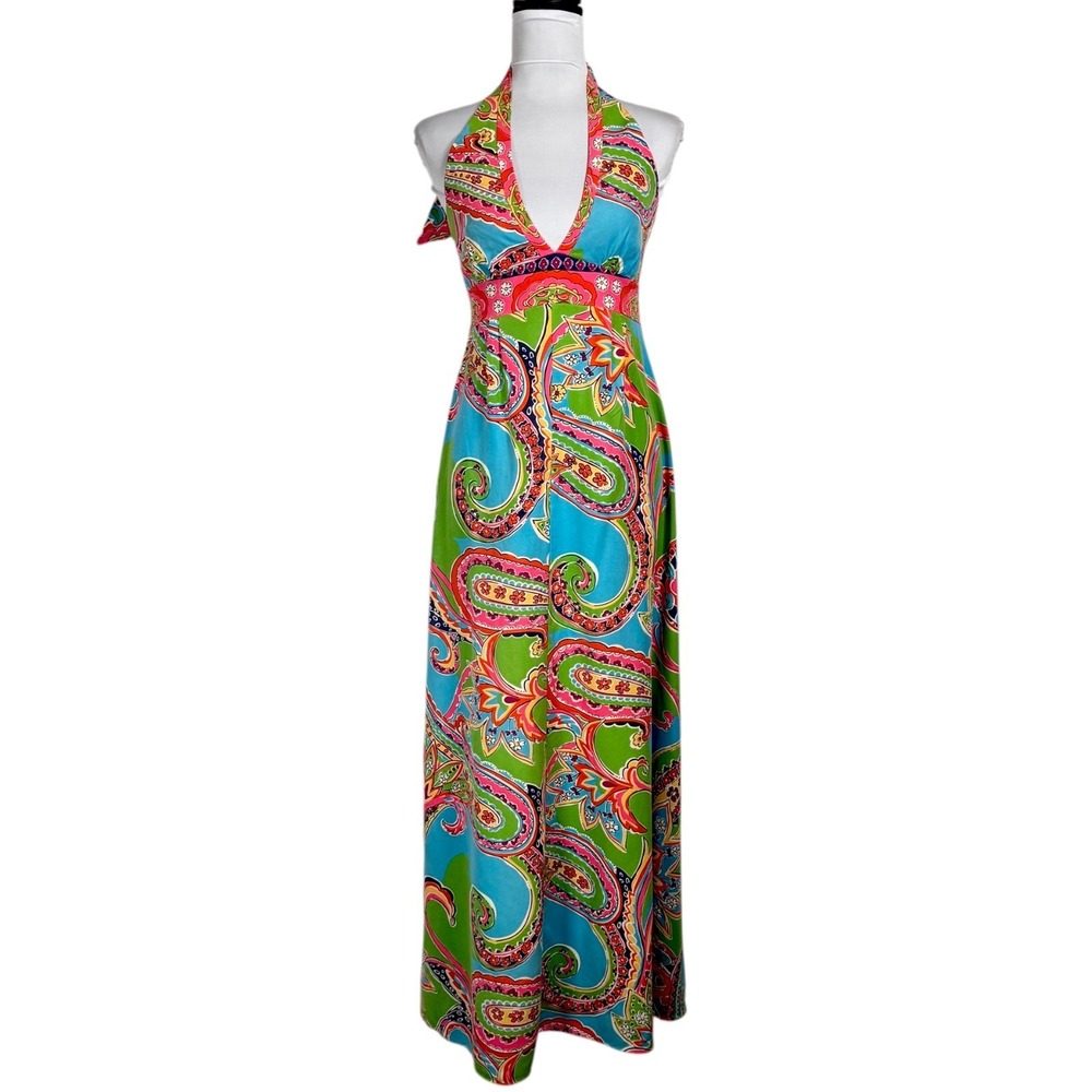 Lilly Pulitzer Blue, Green and Pink Paisley Halter Maxi Dress